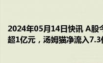 2024年05月14日快讯 A股今日22只个股获主力资金净流入超1亿元，汤姆猫净流入7.3亿元