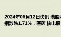 2024年06月12日快讯 港股收评：恒指跌1.31%，恒生科技指数跌1.71%，医药 核电股走高，汽车 半导体板块低迷