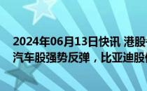 2024年06月13日快讯 港股午评：恒生科技指数涨0.62%，汽车股强势反弹，比亚迪股份大涨超7%