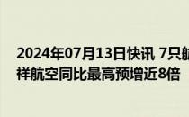 2024年07月13日快讯 7只航空股披露上半年业绩预告，吉祥航空同比最高预增近8倍