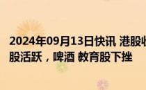 2024年09月13日快讯 港股收评：恒指涨0.75%，黄金 医药股活跃，啤酒 教育股下挫